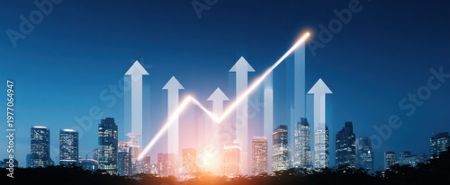 Dynamic thriving startups showcase market growth and robust financial results with upward arrows among city skyscrapers.