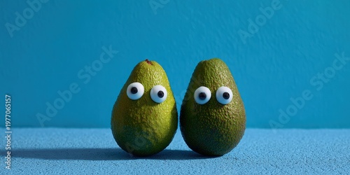 Pair of avocados with googly eyes expressing friendship