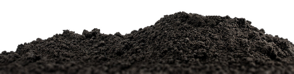 Black soil pile isolated background. Dark earth texture for gardening, agriculture, planting, compost and design use.