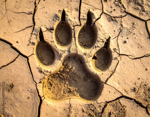 Close up of a large animal paw print in dry cracked earth.
