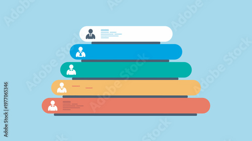 A colorful infographic illustrating a hierarchical structure with people icons on a light blue background