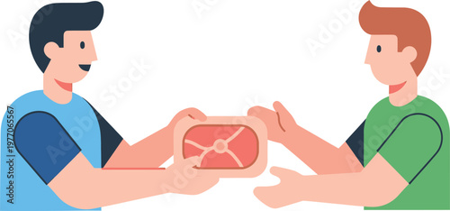 Two men exchanging a package of raw meat