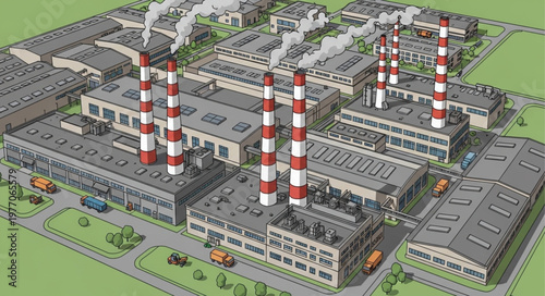 Industrial Power Plant with Tall Smokestacks Emitting Steam.
