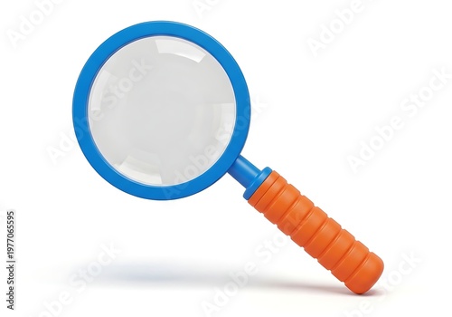 A blue and orange magnifying glass on a white background