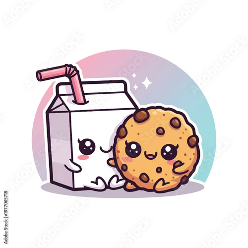 Cartoon chocolate chip cookie and milk.