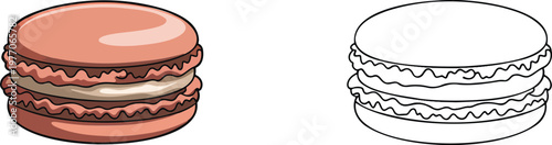 French macaron illustration & outline set isolated on transparent background