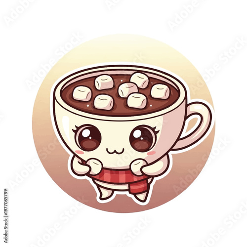 Cartoon cup with marshmallows and scarf.