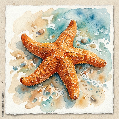 Colorful Starfish on Sandy Beach with Pebbles in Watercolor Style