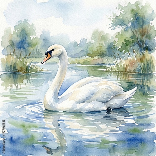 Elegant White Swan Swimming in Calm Natural Water with Green Trees and Blue Sky