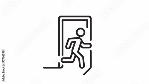 A person quickly exiting through a doorway in a simple line drawing.