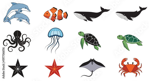A collection of colorful ocean animal icons featuring a dolphin, clownfish, whale, orca, octopus, jellyfish, sea turtle, starfish, stingray, and crab on a white background with a tribal