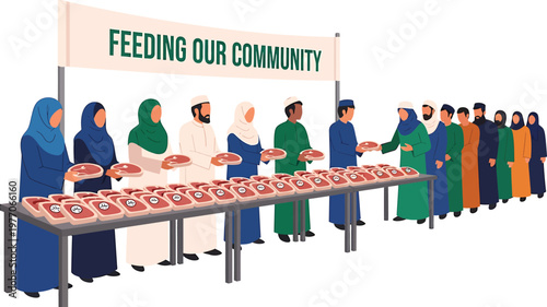 a group of people standing around a table with food