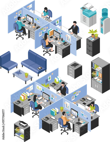 Coworking space concept with monitors chairs and filing cabinets vector