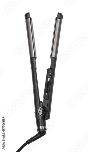 Black hair flat iron styling tool on transparent background