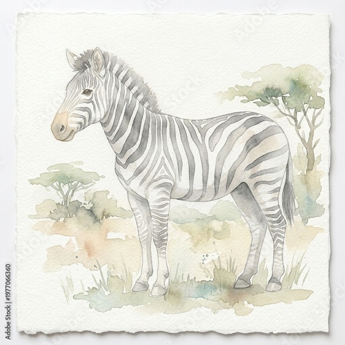 Watercolor Zebra Standing in Natural Landscape with Trees and Grass