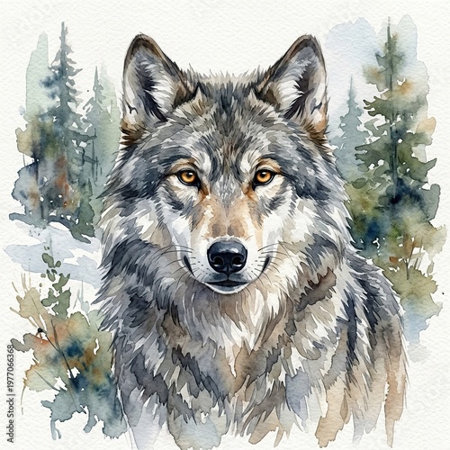 Majestic Gray Wolf Portrait in Forest Winter Scene