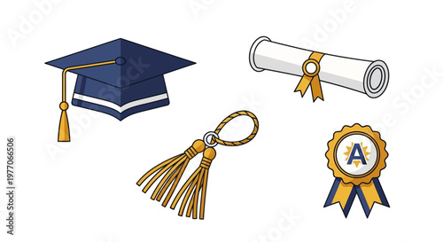 Graduation symbols illustration featuring cap, scroll, tassel, and award ribbon in a digital artwork for academic achievement and excellence in educational settings and materials