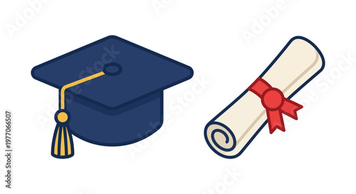 Graduation ceremony icon featuring cap and diploma on a simple graphic with education concept and frontal viewpoint in a celebratory environment