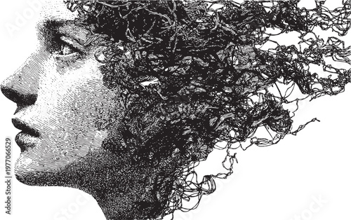 A profile silhouette of a human head depicting mental health issues. A vector illustration where complex lines transform into smooth, orderly lines.