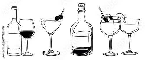 Illustrated drinks line art element vector set.