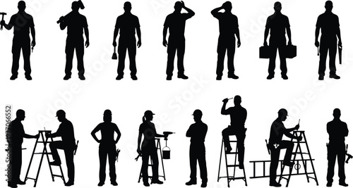 Construction workers silhouettes set carpenter electrician tools ladder hammer toolbox industrial labor black shadow vector illustration collection design