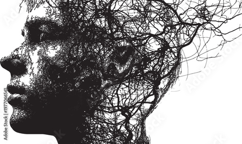 A profile silhouette of a human head depicting mental health issues. A vector illustration where complex lines transform into smooth, orderly lines.