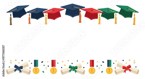 Graduation border frame caps medals gifts celebration academic achievement festivity education success pride joy ceremony university college school event