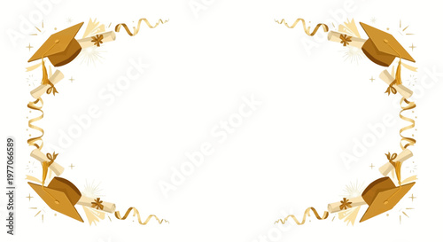 Celebratory Border Frame for Graduation with Party Horns and Golden Ribbons in a Festive Environment