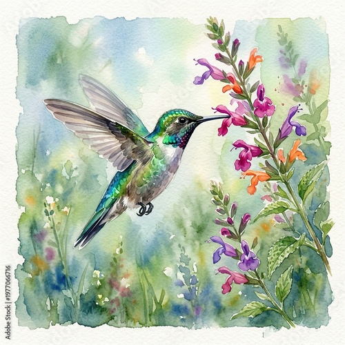 Colorful Hummingbird Feeding on Bright Pink and Purple Flower in Natural Garden Scene