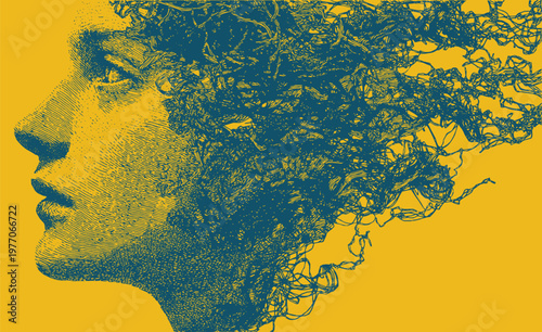 A profile silhouette of a human head depicting mental health issues. A vector illustration where complex lines transform into smooth, orderly lines.