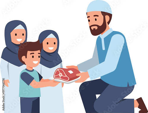 A man giving a plate of meat to a boy and two women