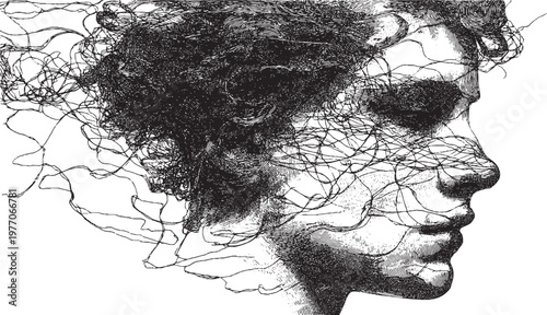 A profile silhouette of a human head depicting mental health issues. A vector illustration where complex lines transform into smooth, orderly lines.