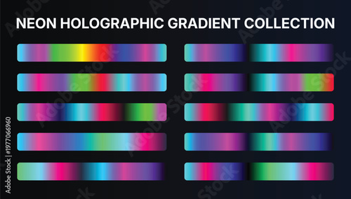 Neon holographic gradient collection set with vibrant rainbow color transitions, abstract glowing mesh backgrounds, futuristic iridescent spectrum textures, modern cyber backdrop bundle