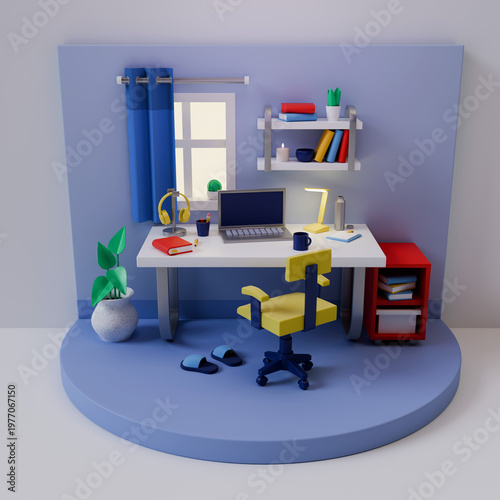 Cozy home office interior. Remote work. 3D illustration.
