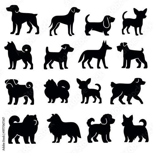 Silhouettes of various dog breeds vector set