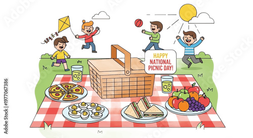 Colorful picnic scene, outdoor food spread, happy children playing, National Picnic Day