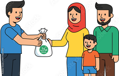 A man giving a bag of food to a family