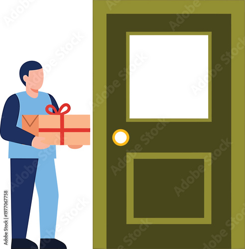 delivery person holding a gift at the door