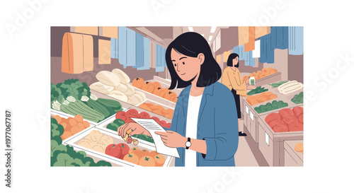 Woman checking shopping list while selecting produce at grocery store