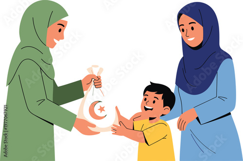 a woman and a child receiving a bag from another woman