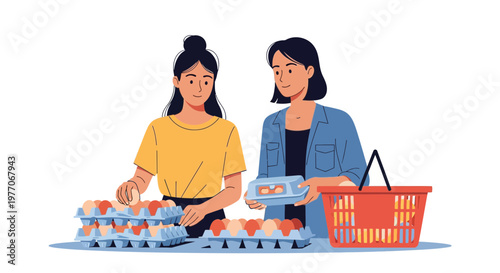 Two women choosing eggs from cartons at a grocery store with a shopping basket nearby