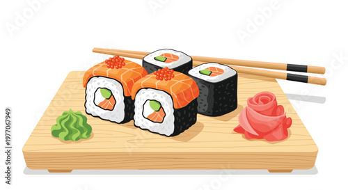 Assortment of fresh sushi rolls with salmon, avocado, and fish roe served on a wooden board with wasabi, ginger, and chopsticks.