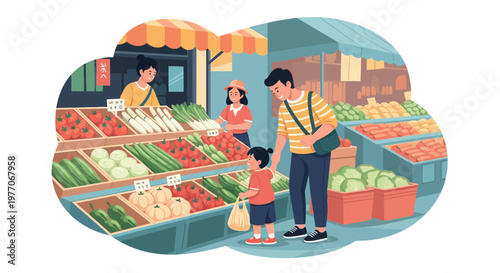 A Father and Child Select Fresh Vegetables Together at a Bustling Outdoor Market