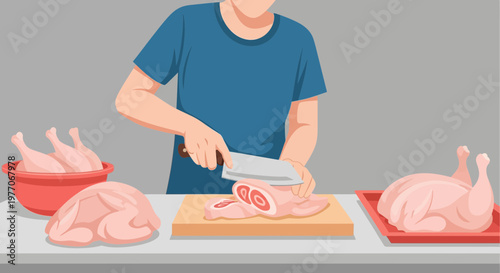 A person in a blue shirt is cutting raw meat with a knife on a wooden cutting board in a kitchen setting.