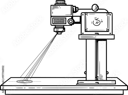 A laboratory laser pointer emits a precise, straight beam onto an intricately designed target against a pure white background, showcasing high contrast and clear contours in a flat design
