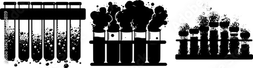 A minimalist laboratory test tube rack with foaming liquid in each tube, set against a stark black silhouette on an isolated pure white background, exudes precision and scientific rigor