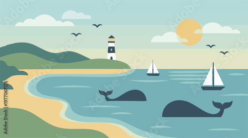 Minimalist seaside landscape with lighthouse, whales, sailboats, and beach