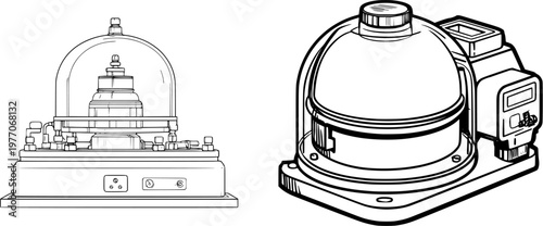 A laboratory vacuum pump with a glass bell jar is depicted in a sharp black ink outline against a solid white background, showcasing a clear border around the isolated subject in a coloring book