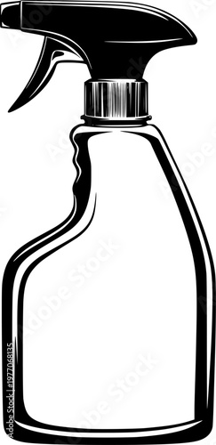 A sleek laboratory wash bottle with a dynamic spray nozzle is depicted in a sharp black ink outline against a solid white background, showcasing a coloring book style with clear borders and an