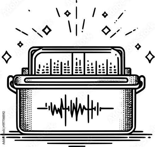 A laboratory ultrasonic cleaner icon features intricate line art with sound waves and sparkling effects against a pure white background, showcasing its detailed design and functionality in a coloring